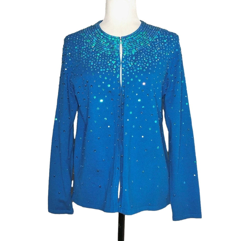 Chico's blue sequin silk cardigan